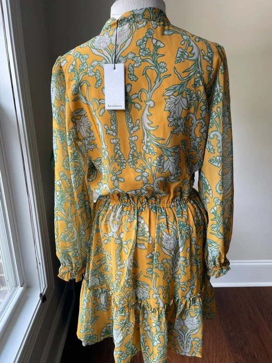 Hermoza Mustard Yellow Floral Long-Sleeve Tie-Neck Tiered Dress - Picture 2 of 3